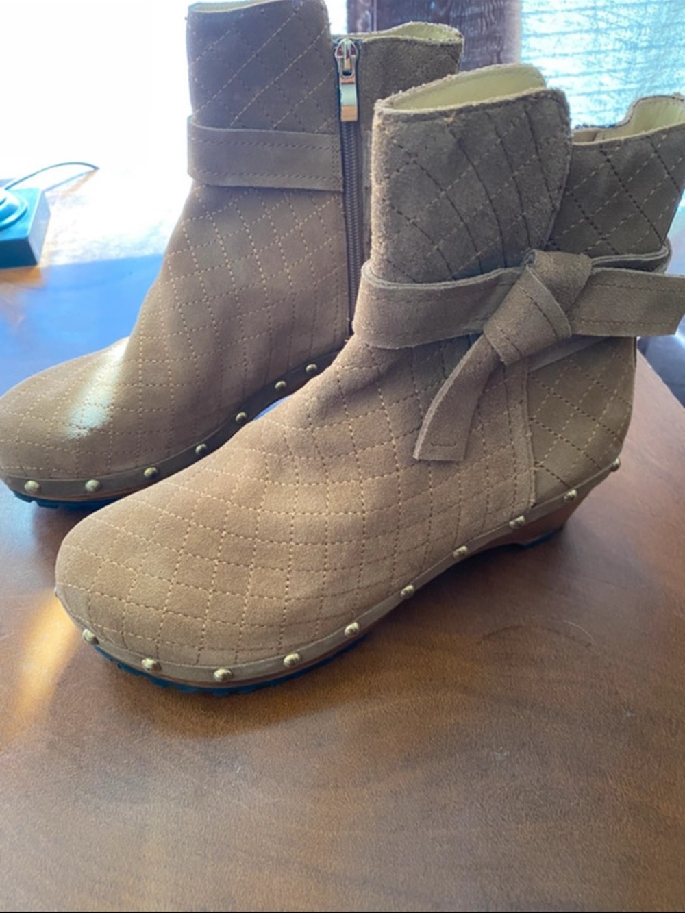 Jax Taupe Quilted Suede Ankle Boots with Bow Detail
